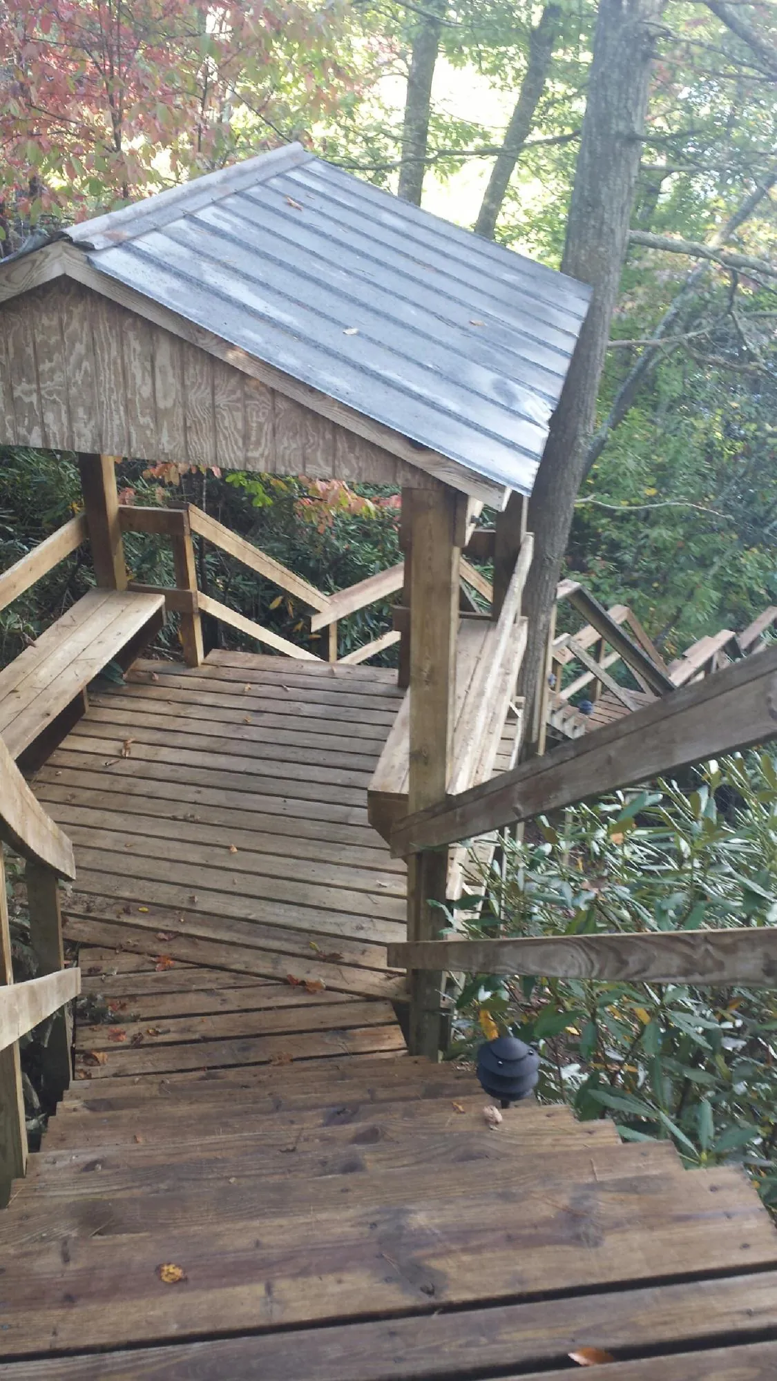 Metal roofed shelter over wooden steps on a wooded walkway — Skylight Repair & Installation work by our crew in Ellis